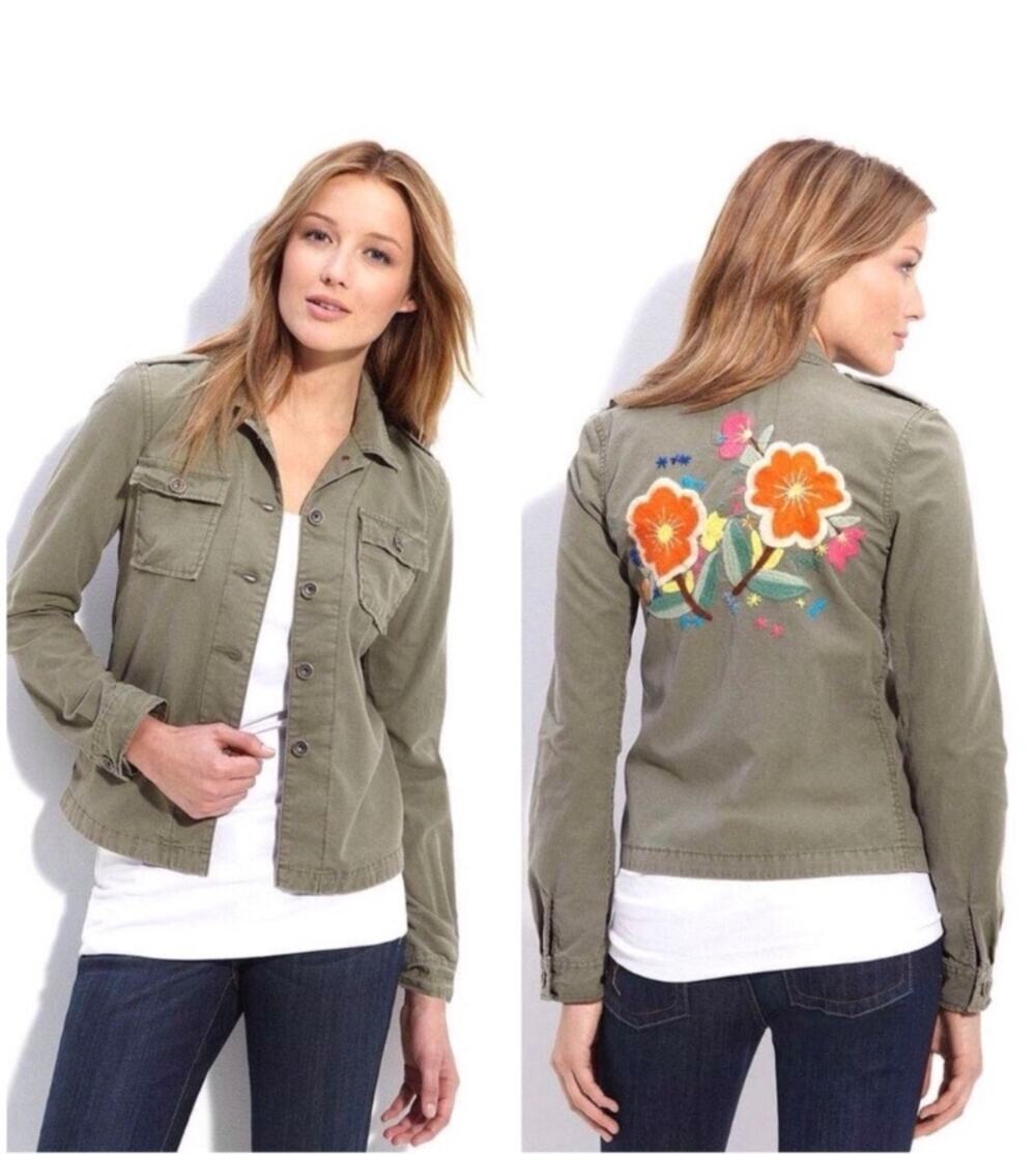 LUCKY BRAND Women's Floral Embroidered Military Utility Jacket, Size X-Large